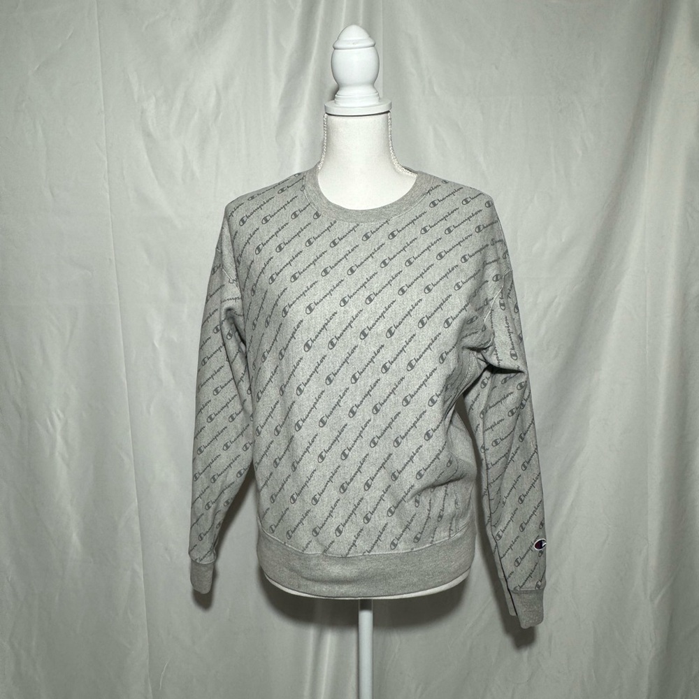 Champion Sweatshirt Brand Reverse Weave All Over Script Print Crew Womens Medium